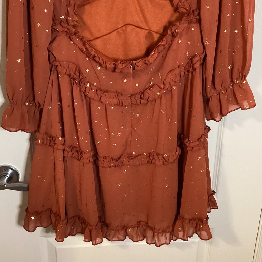 Women's Rusty Glitter Stars Backless Ruffle Sheer Dress Mini V Neck - Picture 9 of 13